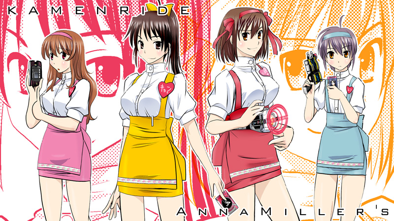 apron, asahina_mikuru, brown_hair, card, genderswap, gun, hair_ribbon, hairband