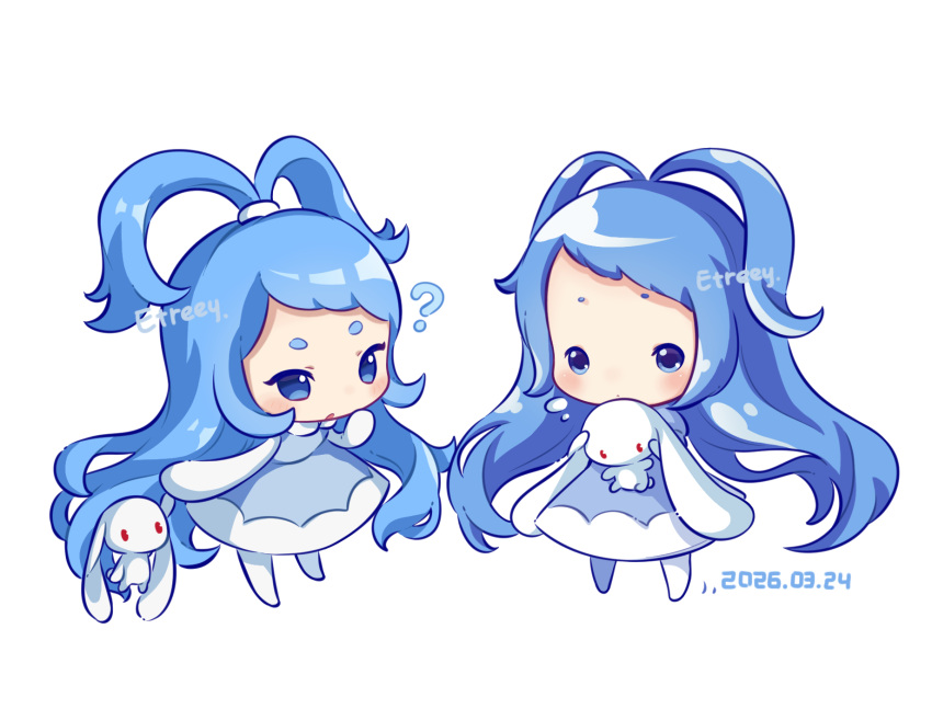 2girls, ?, artist_name, black_hair, blue_dress, blue_eyes, blue_hair, blush