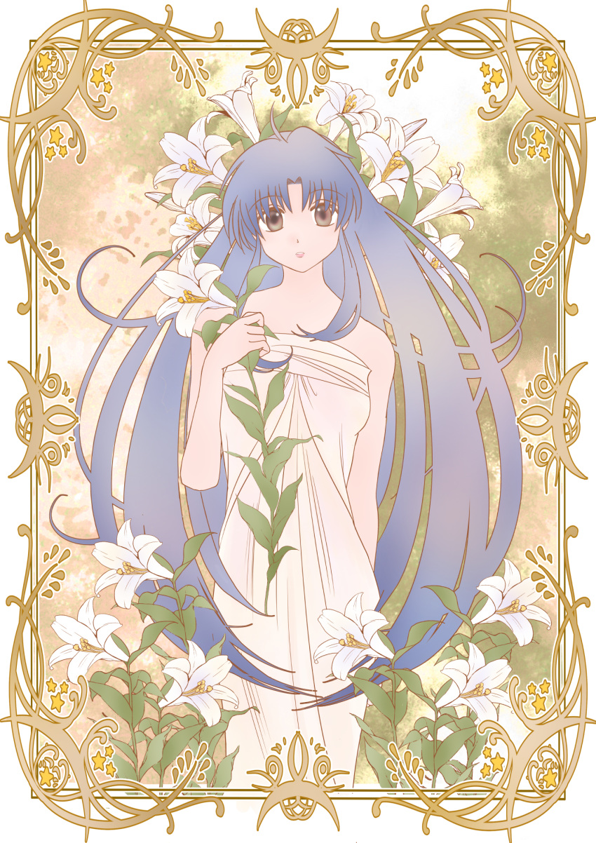 1girl, bare_shoulders, blue_hair, border, brown_eyes, commentary_request, dress, flower
