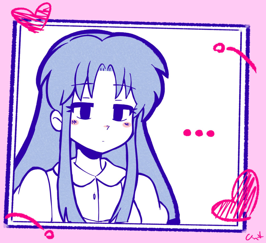 ..., 1girl, blue_hair, blush_stickers, border, closed_mouth, empty_eyes, english_commentary