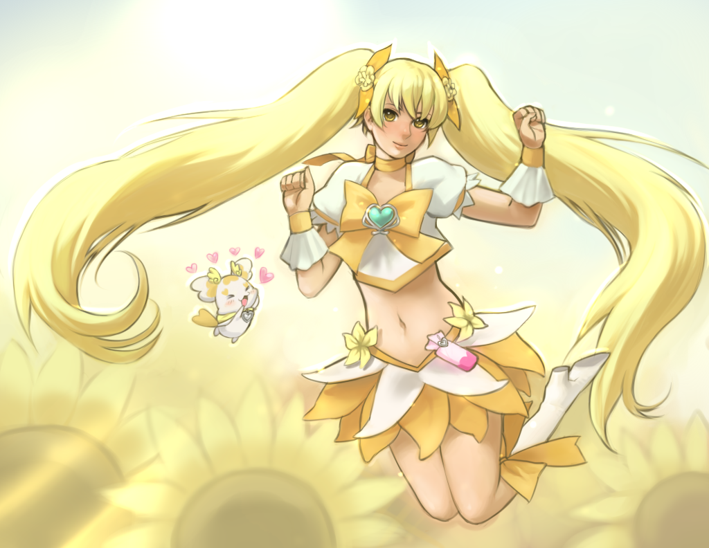 blush, boots, cure_sunshine, flower, hair_ornament, heartcatch_precure!, long_hair, magical_girl