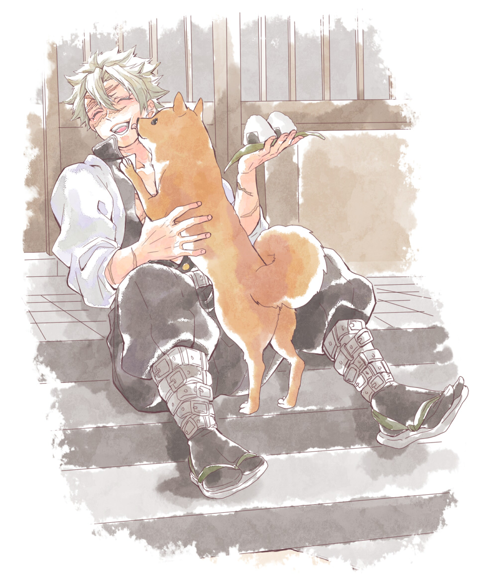 1boy, belt, black_socks, closed_eyes, commentary_request, demon_slayer_uniform, dog, food