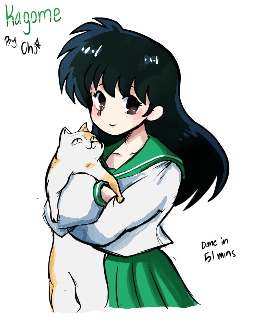 1girl, animal, black_hair, brown_hair, buyo_(inuyasha), cat, character_name, closed_mouth