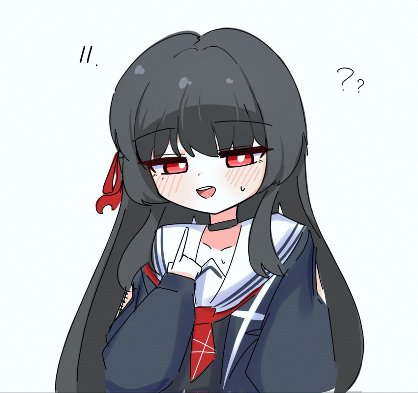 1girl, ?, ??, black_choker, black_hair, black_jacket, blush, bright_pupils, chisa_(wuthering_waves), choker, commentary, corrupted_twitter_file, hair_ribbon, highres, index_finger_raised, jacket, kimmi_(tsora0_17), long_hair, looking_at_viewer, mole, mole_under_eye, neckerchief, open_mouth, pointing, pointing_at_self, red_eyes, red_neckerchief, red_ribbon, ribbon, sailor_collar, simple_background, smile, solo, sweatdrop, untranslatable_commentary, white_background, white_pupils, white_sailor_collar, wuthering_waves