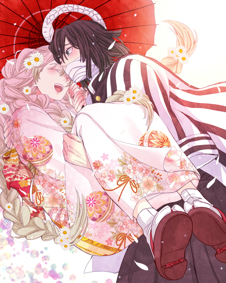 1boy, 1girl, alternate_costume, bandages, bandages_over_mouth, black_hair, black_sandals, carrying