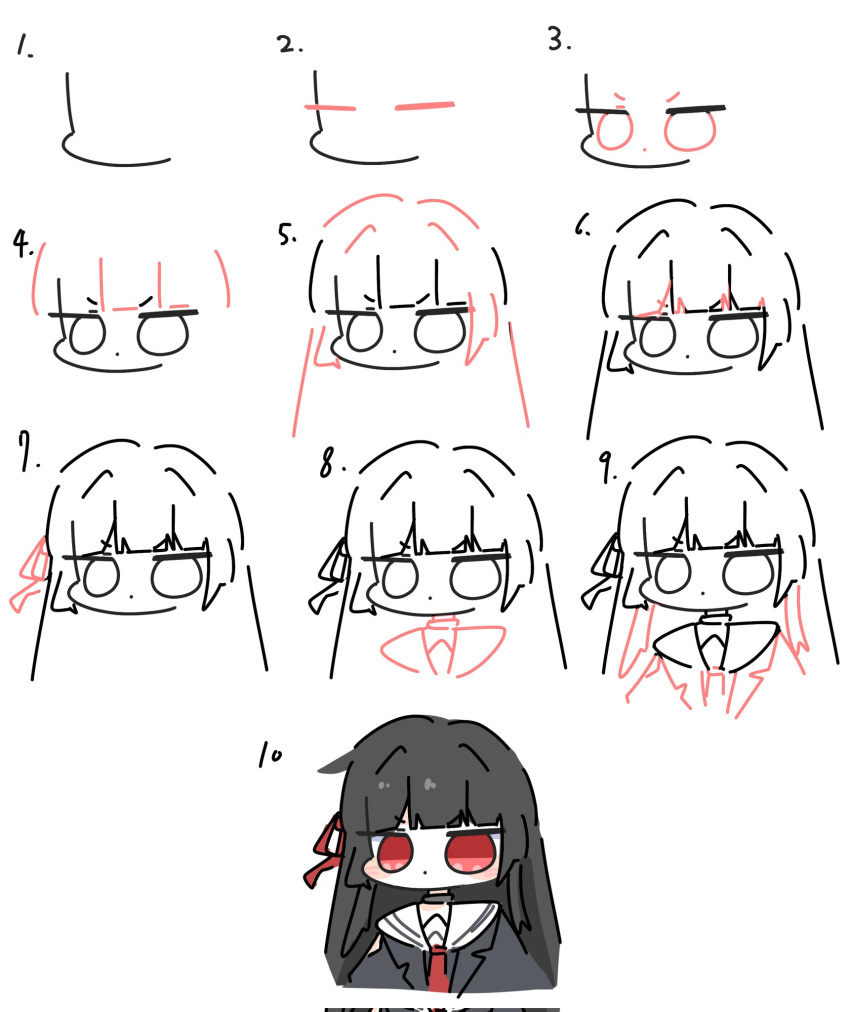1girl, black_hair, black_jacket, chisa_(wuthering_waves), commentary, corrupted_twitter_file, hair_ribbon, highres, how_to, jacket, kimmi_(tsora0_17), long_hair, looking_at_viewer, red_eyes, red_ribbon, ribbon, sailor_collar, untranslatable_commentary, white_sailor_collar, wuthering_waves