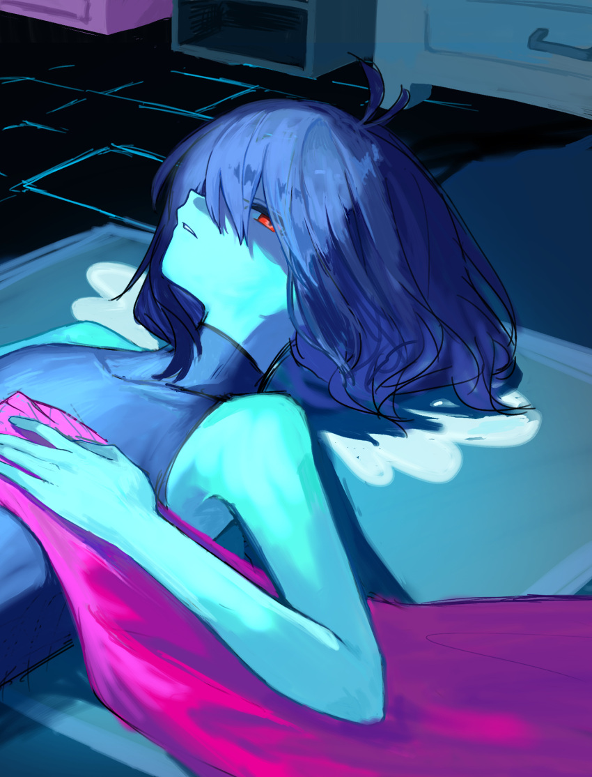 1other, \||/, antenna_hair, bare_arms, bare_shoulders, blue_hair, blue_shirt, blue_skin