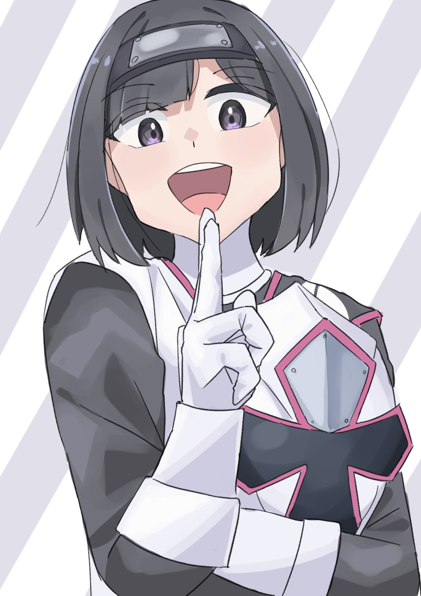 1girl, :d, absurdres, animification, assault_visor, black_bodysuit, black_hair, black_sash