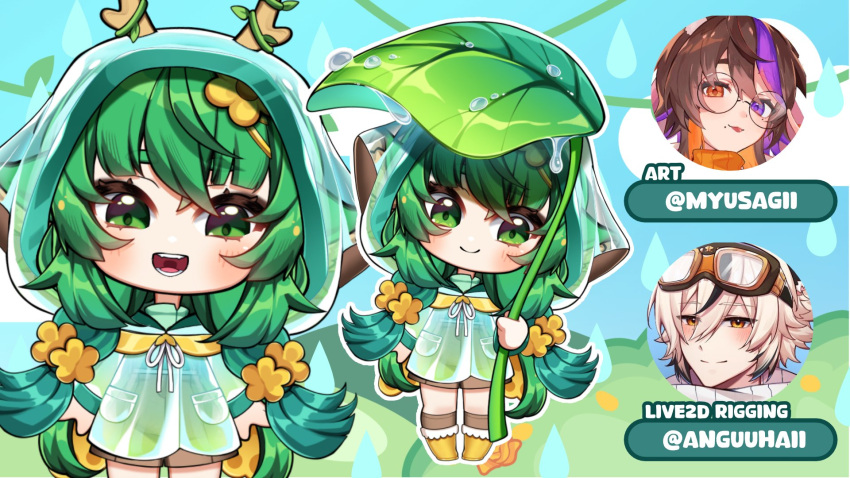 1girl, animal_ears, antlers, blush, chibi, coat, deer_ears, green_eyes