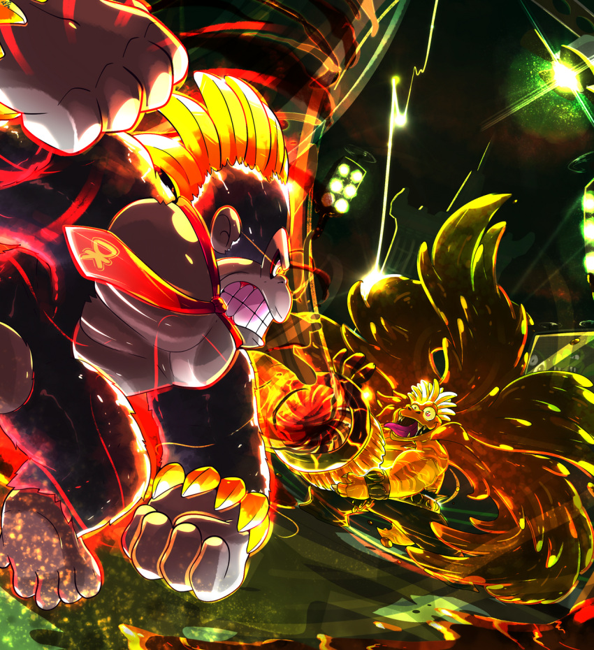 alternate_form, ape, asymmetrical_eyes, clenched_hands, clenched_teeth, commentary, crazy_smile, donkey_kong