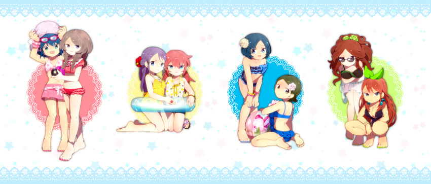 ball, barefoot, beachball, bikini, blue_eyes, braid, breasts, cleavage, crossdressing, crossdressinging, flower, frilled_bikini, frilled_swimsuit, frills, glasses, green_eyes, green_hair, hair_flower, hair_ornament, hair_ribbon, highres, inazuma_eleven, inazuma_eleven_(series), inazuma_eleven_go, jewelry, kino_aki, kirino_ranmaru, kudou_fuyuka, long_hair, nail_polish, navel, open_mouth, otonashi_haruna, pink_hair, purple_hair, raimon_natsumi, ribbon, ruffle_bikini, seto_midori, short_hair, smile, sorano_aoi, swimsuit, tiahszld, trap, twintails, yamana_akane