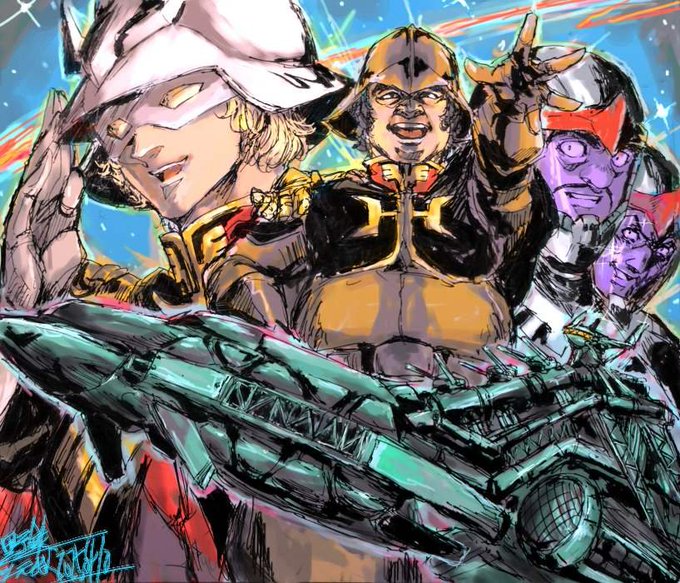 2025, 4boys, army, beam_cannon, blonde_hair, char_aznable, combat_helmet, commentary_request