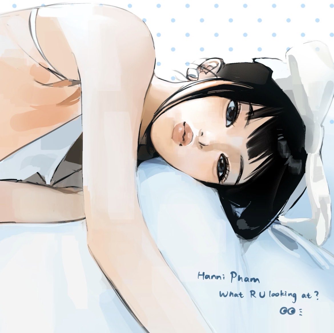 1girl, black_eyes, black_hair, bow, character_name, commentary, hair_behind_ear, hair_bow, hanni_(newjeans), k-pop, long_sidelocks, lying, maqimaqi0113, newjeans, on_bed, on_side, pink_lips, pink_shirt, real_life, shirt, sidelocks, solo, thick_lips, white_bow