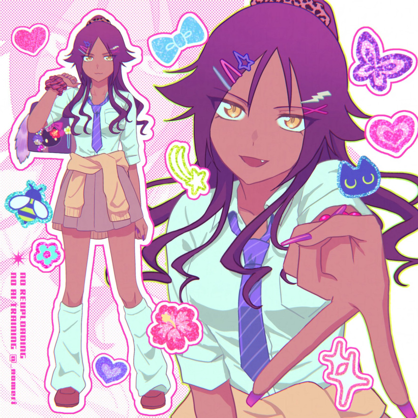 1girl, :3, :d, alternate_costume, bag, bee, bleach, bug, butterfly, cat, character_charm, charm_(object), closed_mouth, clothes_around_waist, collared_shirt, commentary_request, dark-skinned_female, dark_skin, fang, fingernails, gyaru_v, hair_ornament, hairclip, heart, highres, holding, holding_bag, kneehighs, long_fingernails, long_hair, looking_at_viewer, meri~nu, multiple_views, necktie, open_mouth, ponytail, purple_hair, purple_nails, purple_necktie, red_shoes, school_bag, school_uniform, shihouin_yoruichi, shirt, shoes, smile, socks, striped_clothes, striped_necktie, sui-feng, sweater, sweater_around_waist, twitter_username, v, white_shirt, white_socks, yellow_eyes