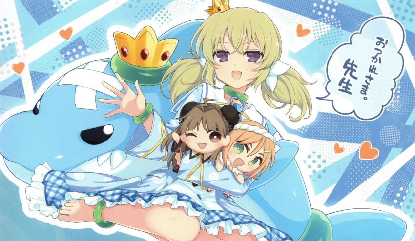 3girls, :d, absurdres, ahoge, armlet, barefoot, blonde_hair, blue_dress