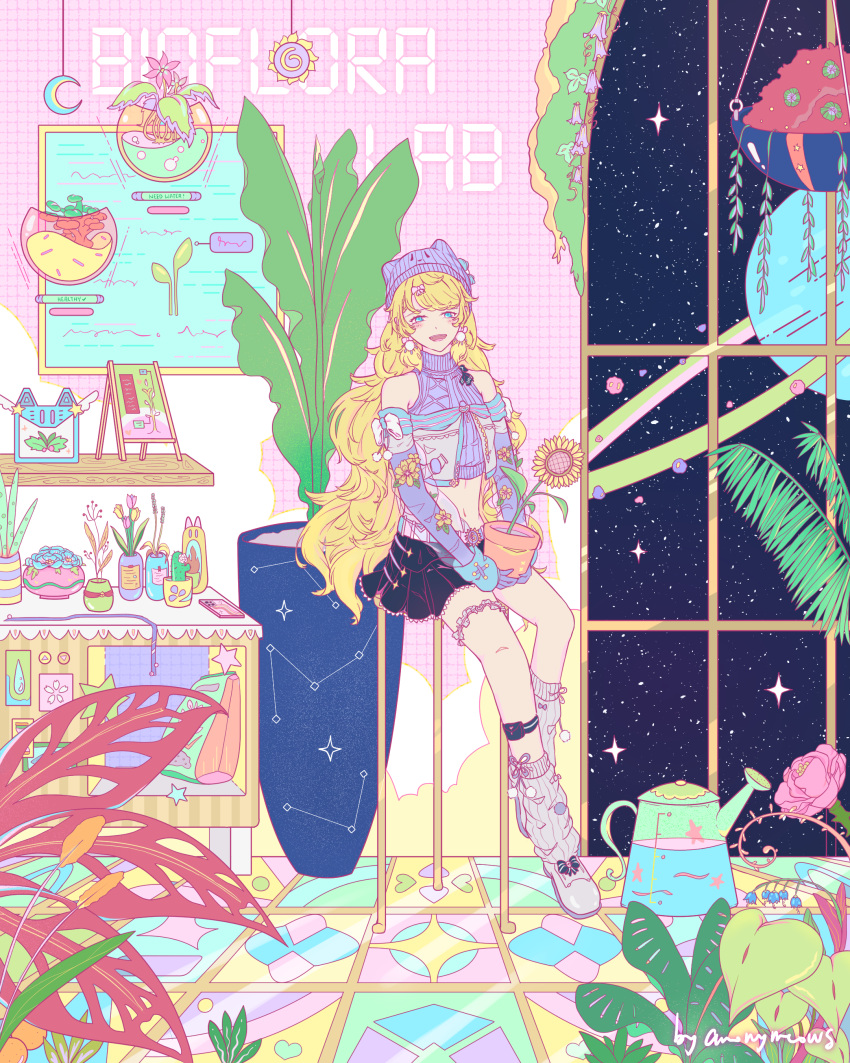 1girl, absurdres, arm_warmers, beanie, blonde_hair, blue_ribbon, bow, braid, braided_bangs, floral_print, flower, frills, gloves, greenhouse, hair_ribbon, hat, highres, hoodmera, lyncis_(cosmic_petal)_(tower_of_fantasy), lyncis_(tower_of_fantasy), midriff, off-shoulder_shirt, off_shoulder, pastel_colors, plant, pouch, ribbon, shirt, simple_background, tower_of_fantasy, twin_braids, white_gloves