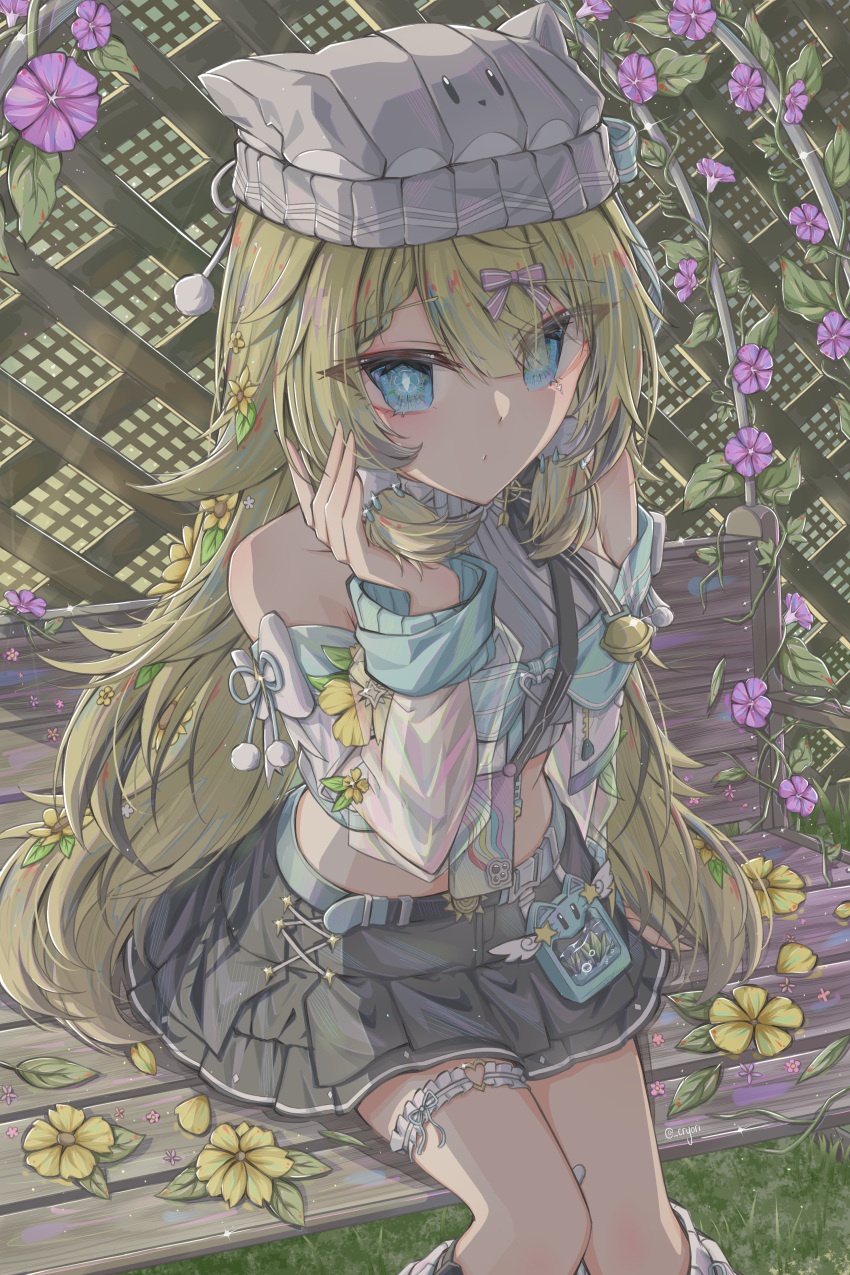 1girl, absurdres, arm_warmers, beanie, blonde_hair, blue_ribbon, bow, braid, braided_bangs, commentary_request, crossbody_bag, cryori, floral_print, flower, frills, gloves, hair_ribbon, hat, heart_pendant, highres, lyncis_(cosmic_petal)_(tower_of_fantasy), lyncis_(tower_of_fantasy), midriff, off-shoulder_shirt, off_shoulder, original, pastel_colors, pouch, ribbon, shirt, simple_background, tower_of_fantasy, twin_braids, white_gloves