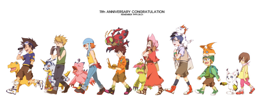 agumon, biyomon, blonde_hair, blue_hair, brown_eyes, brown_hair, cowboy_hat, digimon, digimon_adventure, everyone, gabumon, gatomon, glasses, gloves, goggles, gomamon, group, hat, highres, ishida_yamato, izumi_koshiro, izumi_koushirou, kido_jou, kido_jyou, long_hair, noname4, palmon, patamon, short_hair, tachikawa_mimi, tailmon, takaishi_takeru, takenouchi_sora, tentomon, uzumaki_naruto_zipper, western, yagami_hikari, yagami_taichi