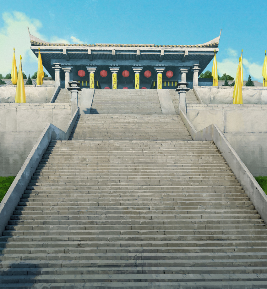 absurdres, architecture, blue_sky, clouds, commentary, crimsonsword03, day, east_asian_architecture