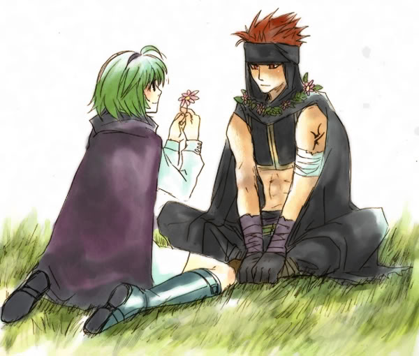 boots, cape, couple, fire_emblem, fire_emblem:_rekka_no_ken, flower, gloves, green_hair, jaffar, nino_(fire_emblem), red_eyes, redhead, short_hair
