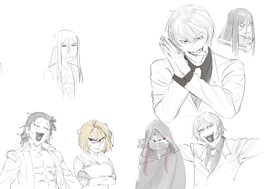 2girls, 3boys, ahoge, anger_vein, annoyed, antenna_hair, arcueid_brunestud, arm_around_shoulder