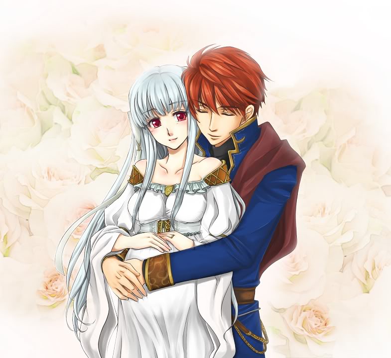 cape, closed_eyes, dress, eliwood, fire_emblem, fire_emblem:_rekka_no_ken, hair_ornament, hug