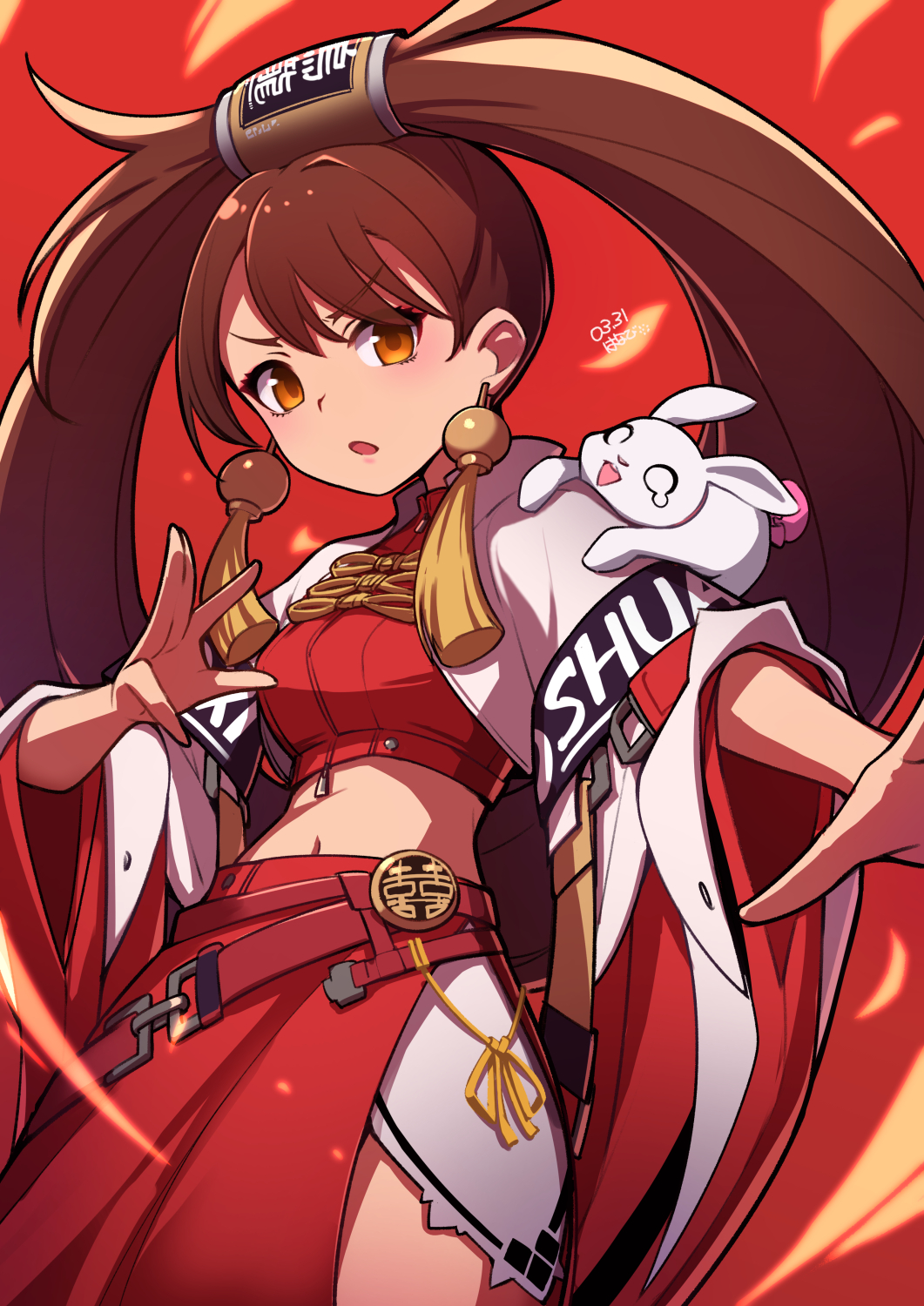 1girl, breasts, brown_eyes, brown_hair, chinese_clothes, commentary, crop_top, earrings