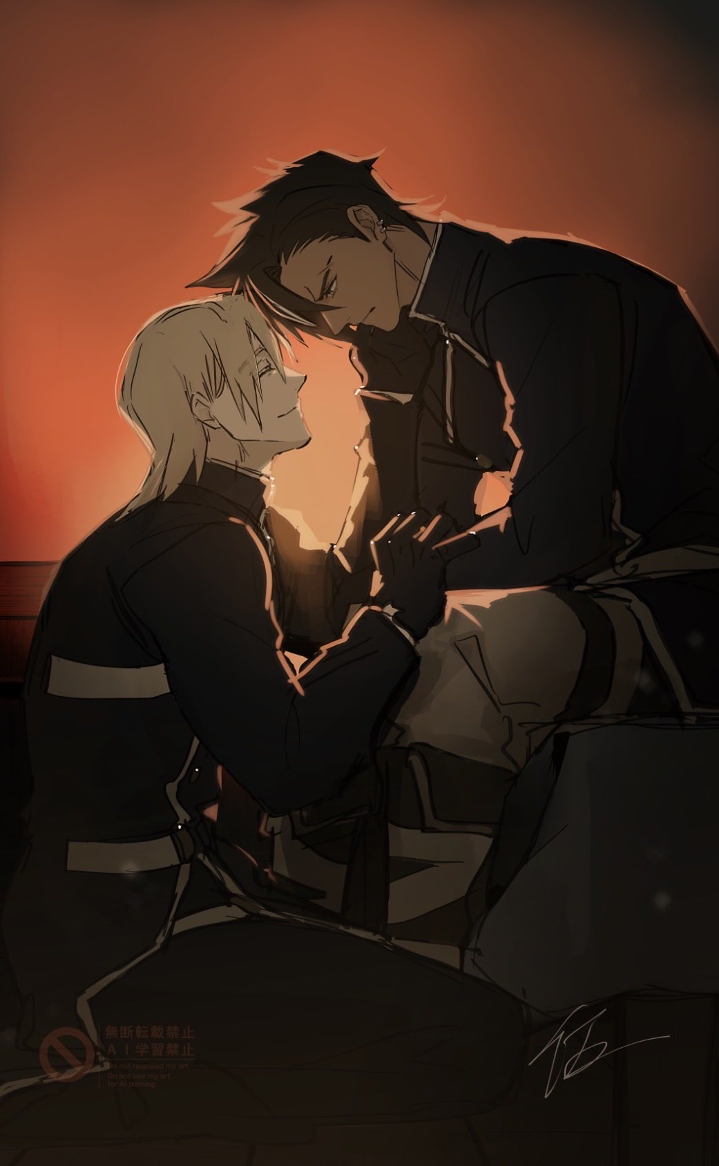 2boys, black_jacket, black_pants, blonde_hair, brown_hair, closed_eyes, closed_mouth, commentary_request