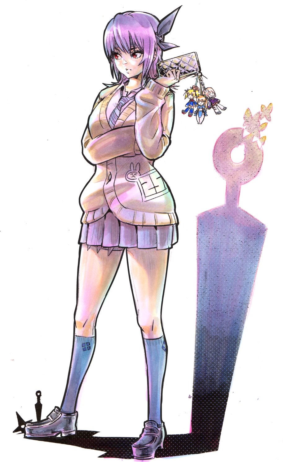 1girl, arm_up, ayane_(doa), breasts, bug, butterfly, cardigan, cellphone