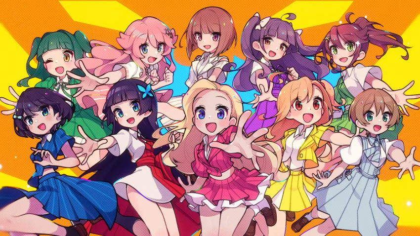 6+girls, :>, :d, ;d, ?, ahoge, album_cover, arrow_(symbol)