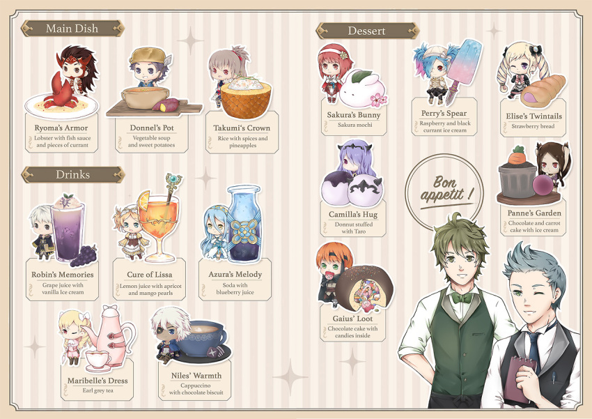 6+boys, 6+girls, alternate_costume, animal_ears, armor, azura_(fire_emblem), black_dress, blonde_hair, blue_hair, bottle, bow, bowtie, cake, camilla_(fire_emblem), candy, cappuccino, carrot_cake, character-themed_food, commentary, cup, dessert, donnel_(fire_emblem), doughnut, dress, drill_hair, drinking_glass, elise_(fire_emblem), english_commentary, eyepatch, fire_emblem, fire_emblem_awakening, fire_emblem_fates, food, fruit, gaius_(fire_emblem), gradient_hair, grapes, green_hair, grey_hair, hair_between_eyes, hair_ribbon, happystarring, high_ponytail, ice_cream, lemon, lemon_slice, lissa_(fire_emblem), lobster, male_robin_(fire_emblem), maribelle_(fire_emblem), menu, mochi, multicolored_hair, multiple_boys, multiple_girls, necktie, niles_(fire_emblem), orange_hair, panne_(fire_emblem), peri_(fire_emblem), pineapple, pink_eyes, pink_hair, ponytail, popsicle, pot_on_head, purple_hair, rabbit_ears, rabbit_girl, red_armor, red_eyes, red_ribbon, ribbon, rice, ryoma_(fire_emblem), sakura_(fire_emblem), silas_(fire_emblem), soda, soup, staff, stahl_(fire_emblem), sweet_potato, takumi_(fire_emblem), tea, teacup, teapot, twintails, waiter, white_hair, yellow_eyes