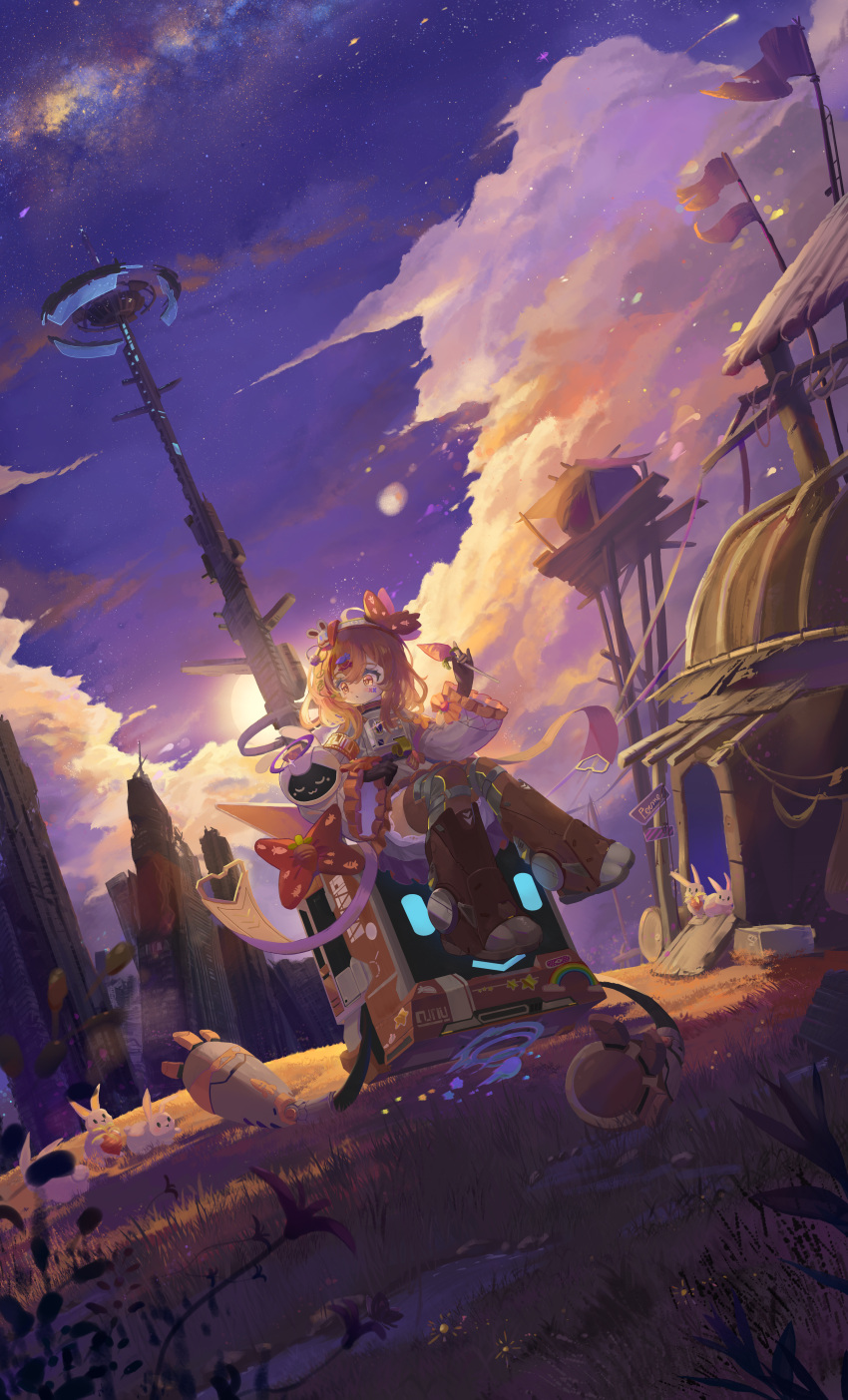1girl, absurdres, armor, bonsang, bow, carrot_(tower_of_fantasy), commentary_request, gradient_hair, highres, large_bow, loli, mechanical_legs, multicolored_hair, orange_eyes, orange_hair, prosthesis, prosthetic_leg, ribbon, robot, science_fiction, thigh-highs, thighs, tower_of_fantasy