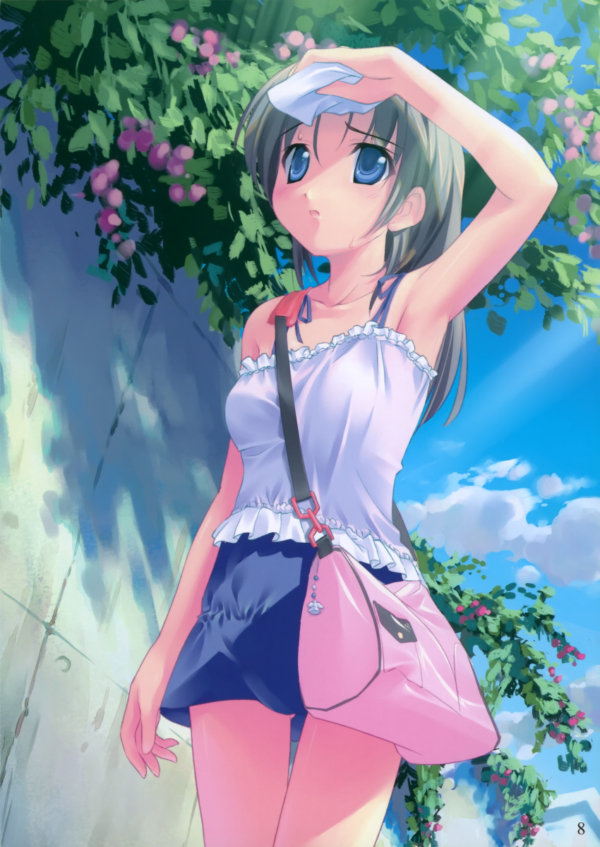 1girl, :o, arm_up, armpits, bag, blue_eyes, blue_skirt, eyebrows_visible_through_hair