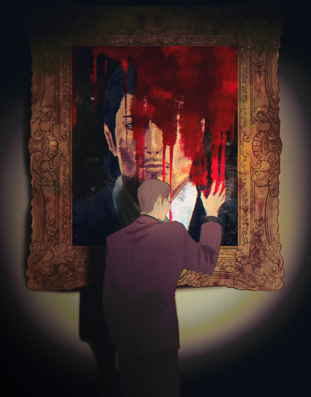 1boy, beard, black_hair, blood, blood_on_hands, blood_stain, brown_hair, commentary_request, dojima_daigo, facial_hair, hair_slicked_back, highres, male_focus, mine_yoshitaka, painting_(object), picture_frame, pinstripe_pattern, pinstripe_suit, portrait_(object), red_suit, ryuu_ga_gotoku_(series), ryuu_ga_gotoku_3, solo_focus, suit, tyag53
