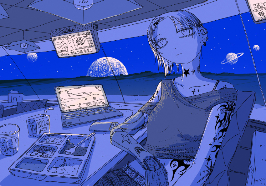 1girl, absurdres, blue_theme, bra_strap, chair, computer, cowboy_shot, cropped_shirt
