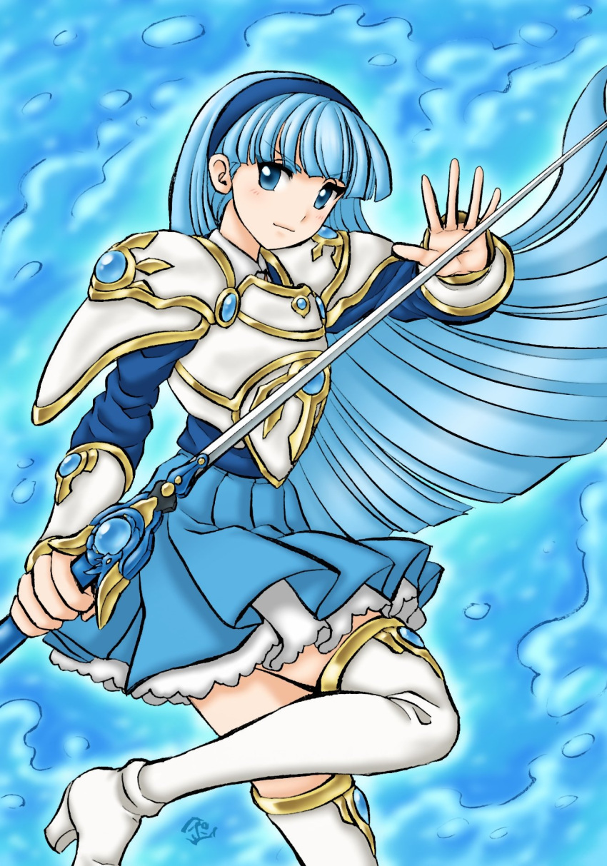 1girl, armor, blue_eyes, blue_hair, blue_hairband, blue_skirt, blunt_bangs, blunt_ends