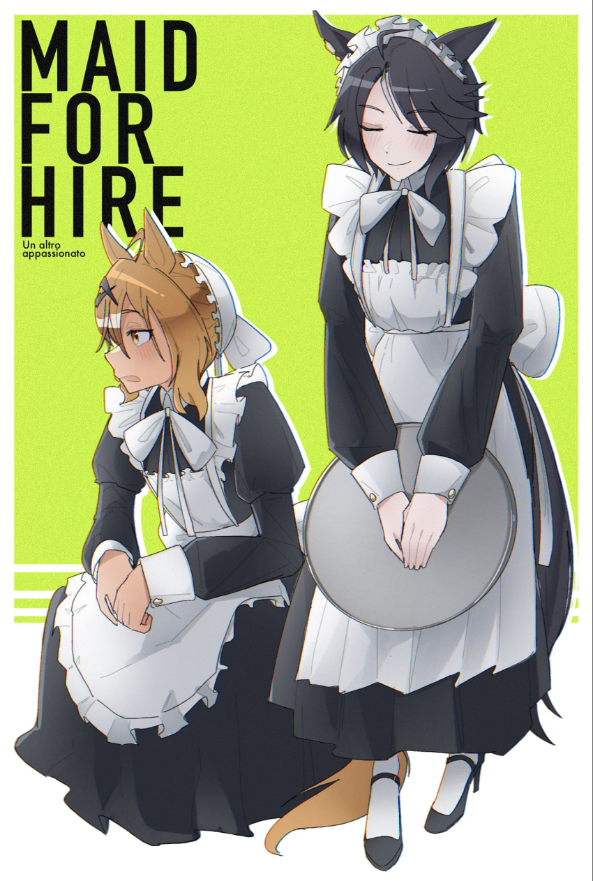 2girls, amoncheeto, animal_ears, apron, black_dress, black_hair, black_shoes, blush