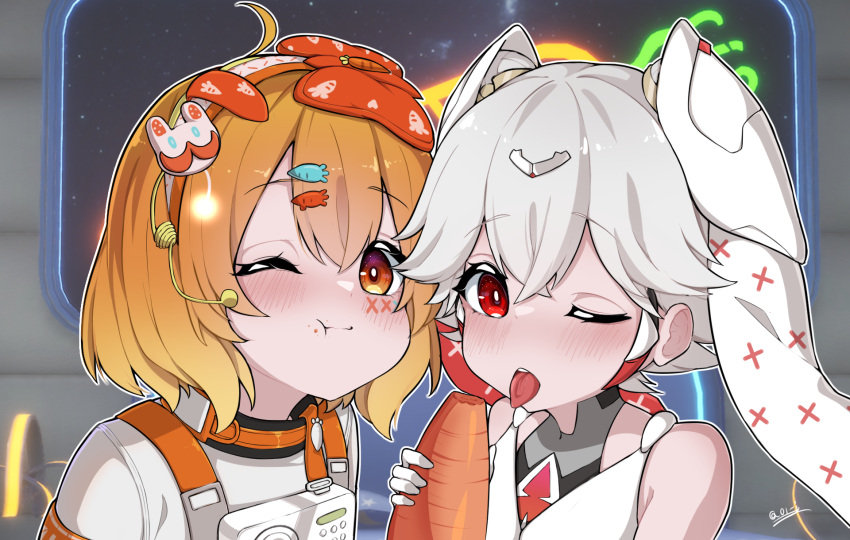2girls, animal_ears, bandages, bow, carrot_(tower_of_fantasy), commentary_request, gradient_hair, hair_between_eyes