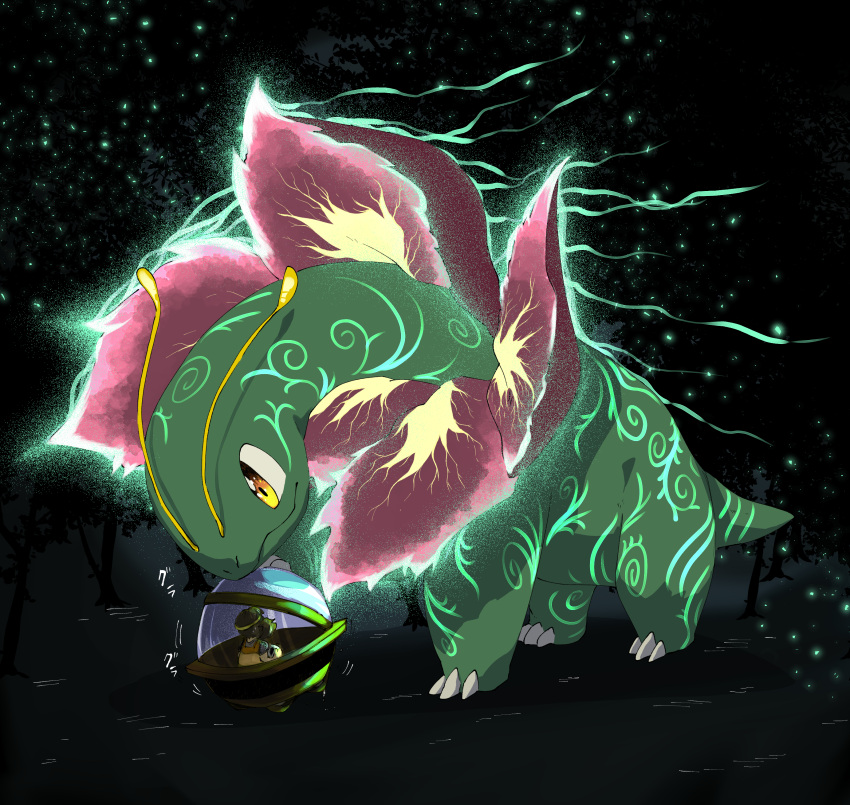 1girl, absurdres, black_background, brown_hair, claws, closed_mouth, commentary_request, fireflies