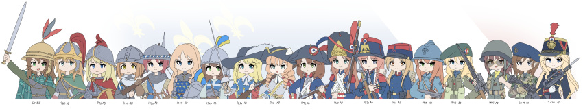 1girl, 6+girls, absurdres, adrian_helmet, ammunition_pouch, antique_firearm, aqua_eyes, armor