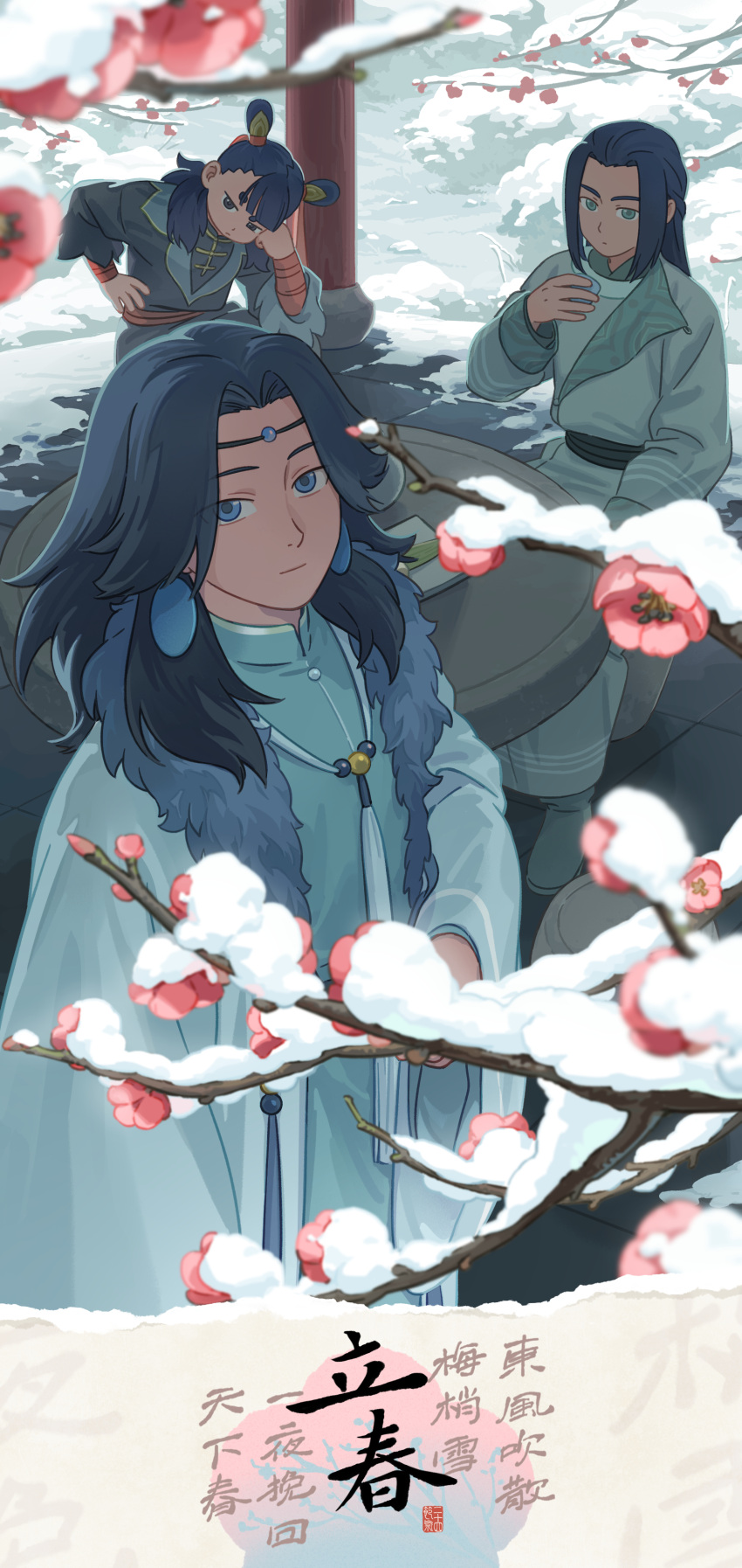 3boys, absurdres, black_hair, blue_eyes, branch, chinese_commentary, commentary_request, cup, earrings, flower, highres, jewelry, laojun_(the_legend_of_luo_xiaohei), long_hair, long_sleeves, looking_at_viewer, male_focus, multiple_boys, nezha_(the_legend_of_luo_xiaohei), pink_flower, red_flower, shadow, smile, snow, the_legend_of_luo_xiaohei, the_legend_of_luo_xiaohei_official, wuxian_(the_legend_of_luo_xiaohei)