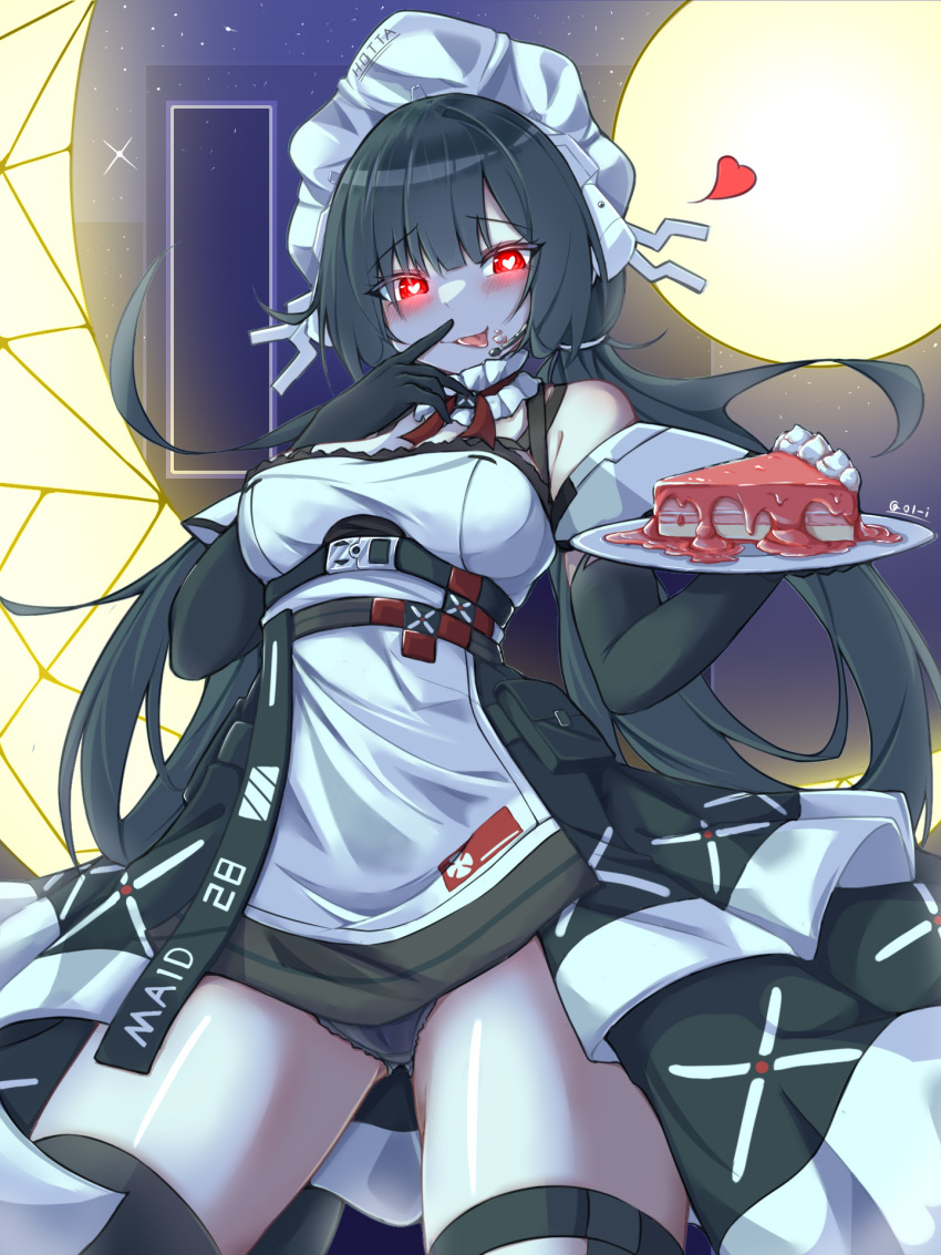 1girl, annabella_(tower_of_fantasy), apron, bare_shoulders, black_gloves, black_hair, black_thighhighs, blush
