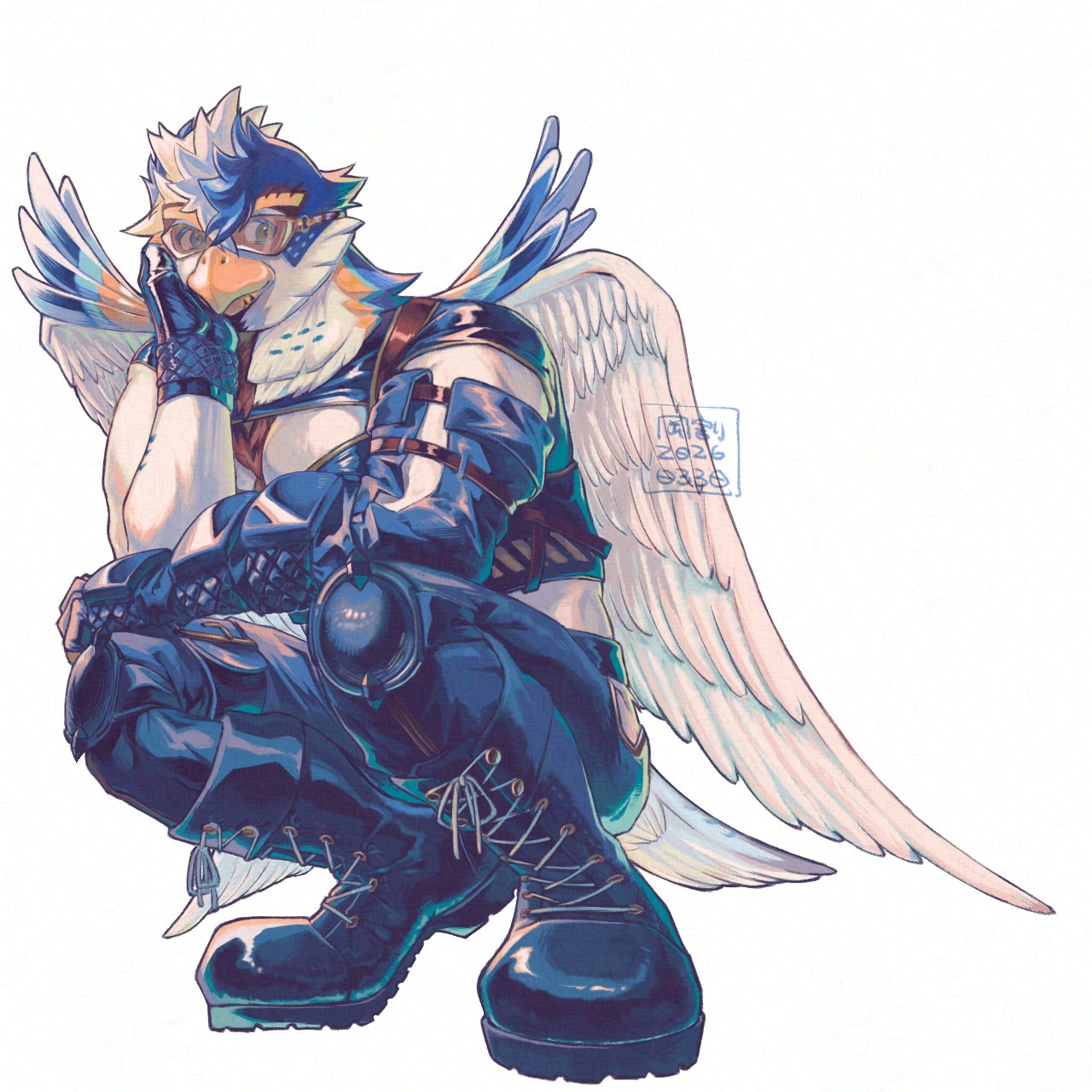 1boy, another_eidos-r, beak, bird_boy, bird_wings, black_boots, boots, closed_mouth, commentary_request, dion_(another_eidos), feathered_wings, furry, furry_male, goggles, head_on_hand, highres, looking_to_the_side, male_focus, squatting, ssbcuft9rl28751, white_background, wings