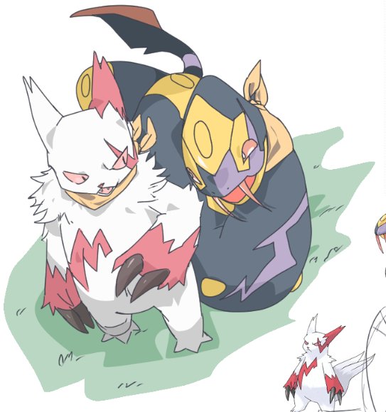 claws, commentary_request, fangs, grass, korean_commentary, maenggyul98785, pokemon, pokemon_(creature), red_eyes, red_fur, seviper, snake, two-tone_fur, white_fur, zangoose