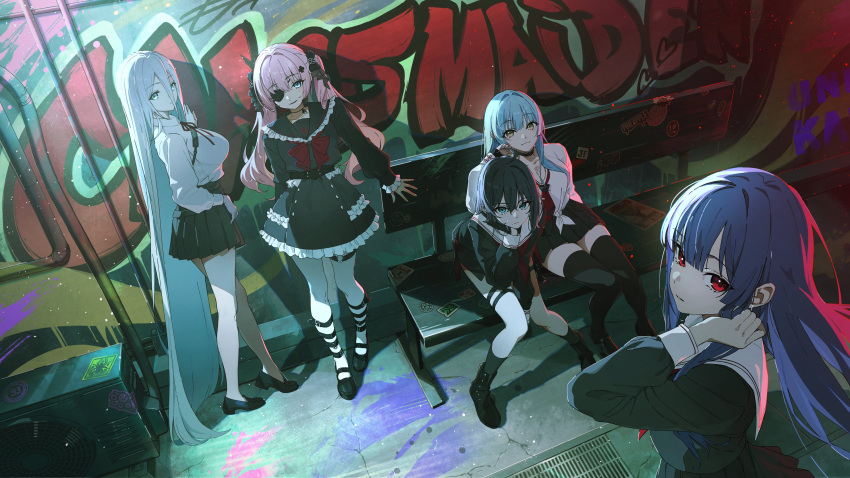 5girls, absurdres, anis_bennett, aqua_eyes, black_hair, black_shirt, black_shoes, black_skirt