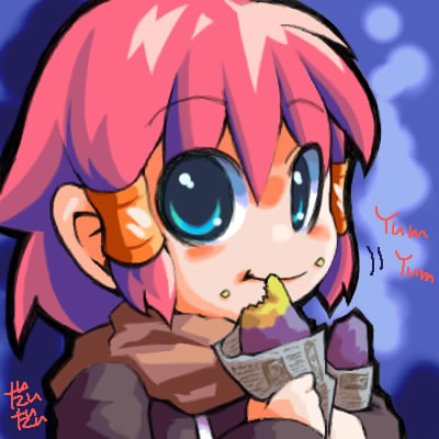 blue_eyes, chibi, daidai_ningen, eating, food, food_on_face, hair_tubes, lowres