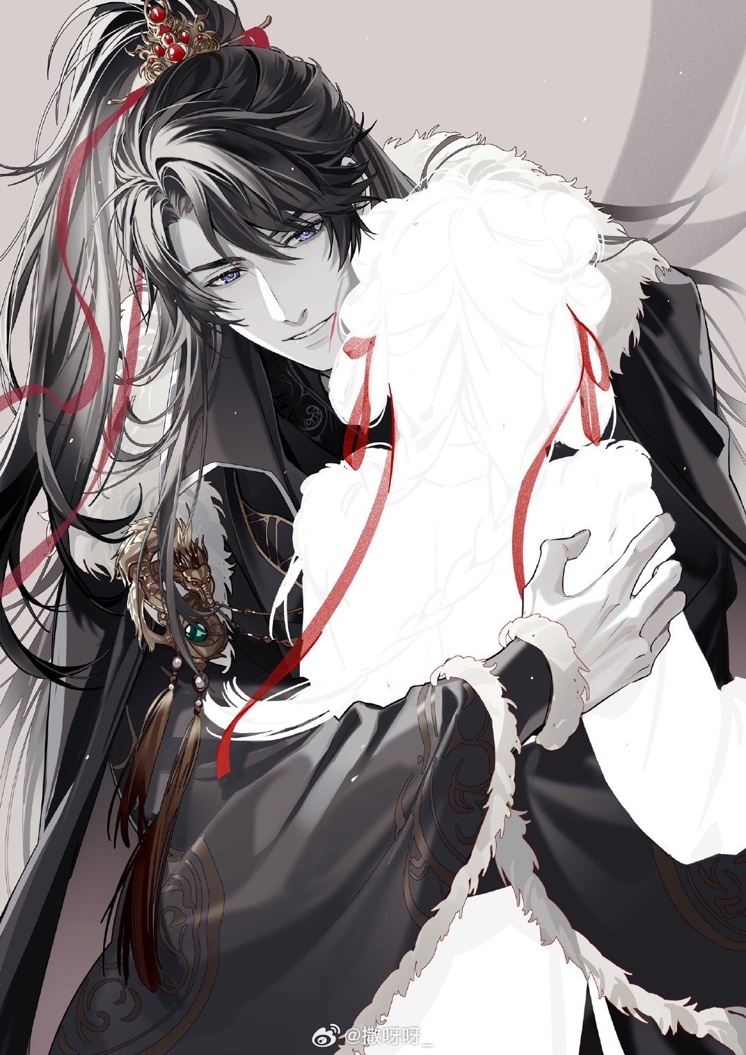 1boy, 1girl, brooch, cape, chinese_clothes, chinese_commentary, commentary_request, couple, curtained_hair, dragon_brooch, facing_away, fur-trimmed_cape, fur-trimmed_sleeves, fur_trim, gem, green_gem, grey_background, greyscale, hair_between_eyes, hair_ribbon, half_updo, hanfu, hetero, high_ponytail, highres, hug, jewelry, li_zeyan, light_particles, long_hair, long_sleeves, looking_at_another, love_and_producer, male_focus, monochrome, parted_lips, ponytail, protagonist_(love_and_producer), red_gem, red_ribbon, ribbon, ribboned_xiao_guan, robe, sayahime, silhouette, simple_background, spot_color, tassel, upper_body, violet_eyes, watermark, weibo_watermark, wide_sleeves, xiao_guan_(headdress)