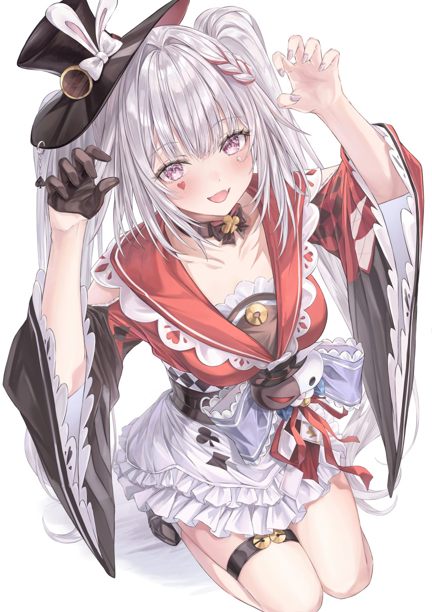 1girl, bare_shoulders, black_gloves, black_hat, commentary_request, diamond_(shape), diamond_facial_mark, facial_mark