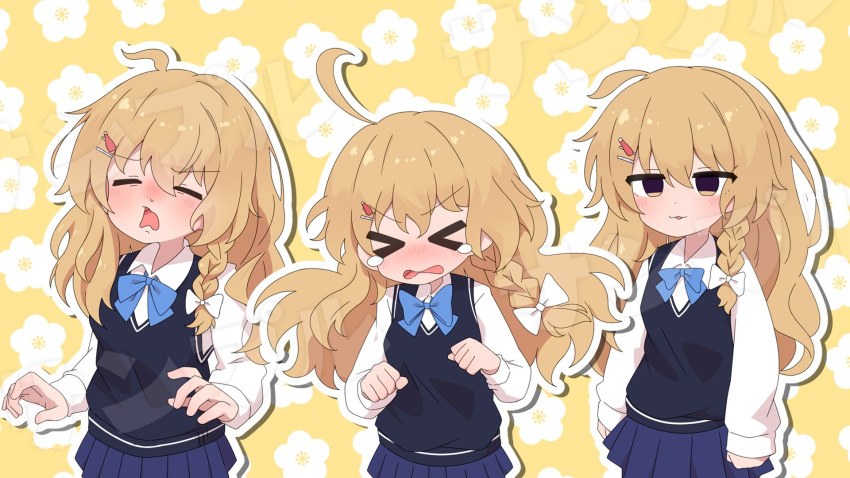 >_<, 1girl, :3, ahoge, alternate_costume, black_sweater_vest, blonde_hair, blue_skirt