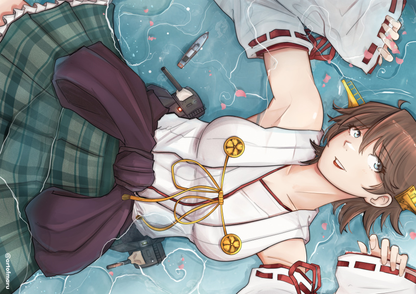 1girl, bananamaru, blue_eyes, breasts, brown_hair, commentary_request, detached_sleeves, flipped_hair